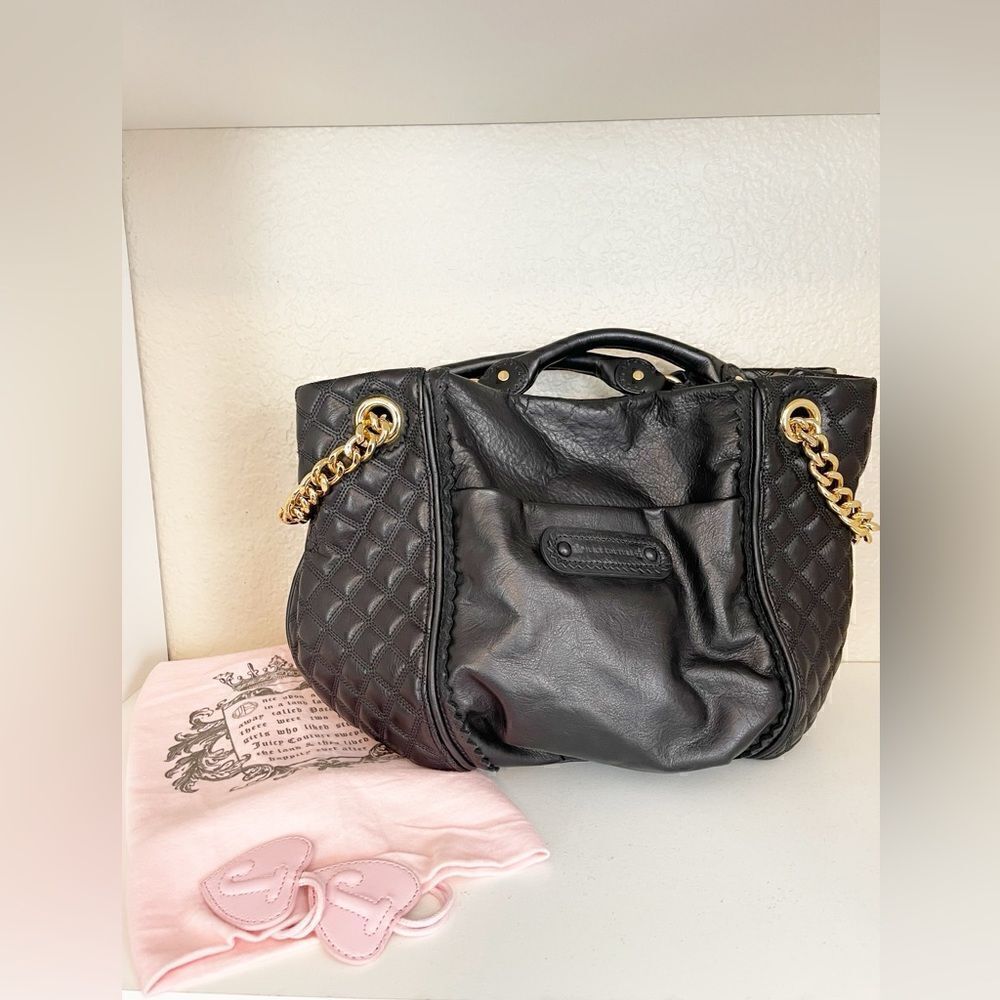 Juicy Couture Y2K black Leather Trim large shoulder purse Tote with dust bag - Picture 14 of 14